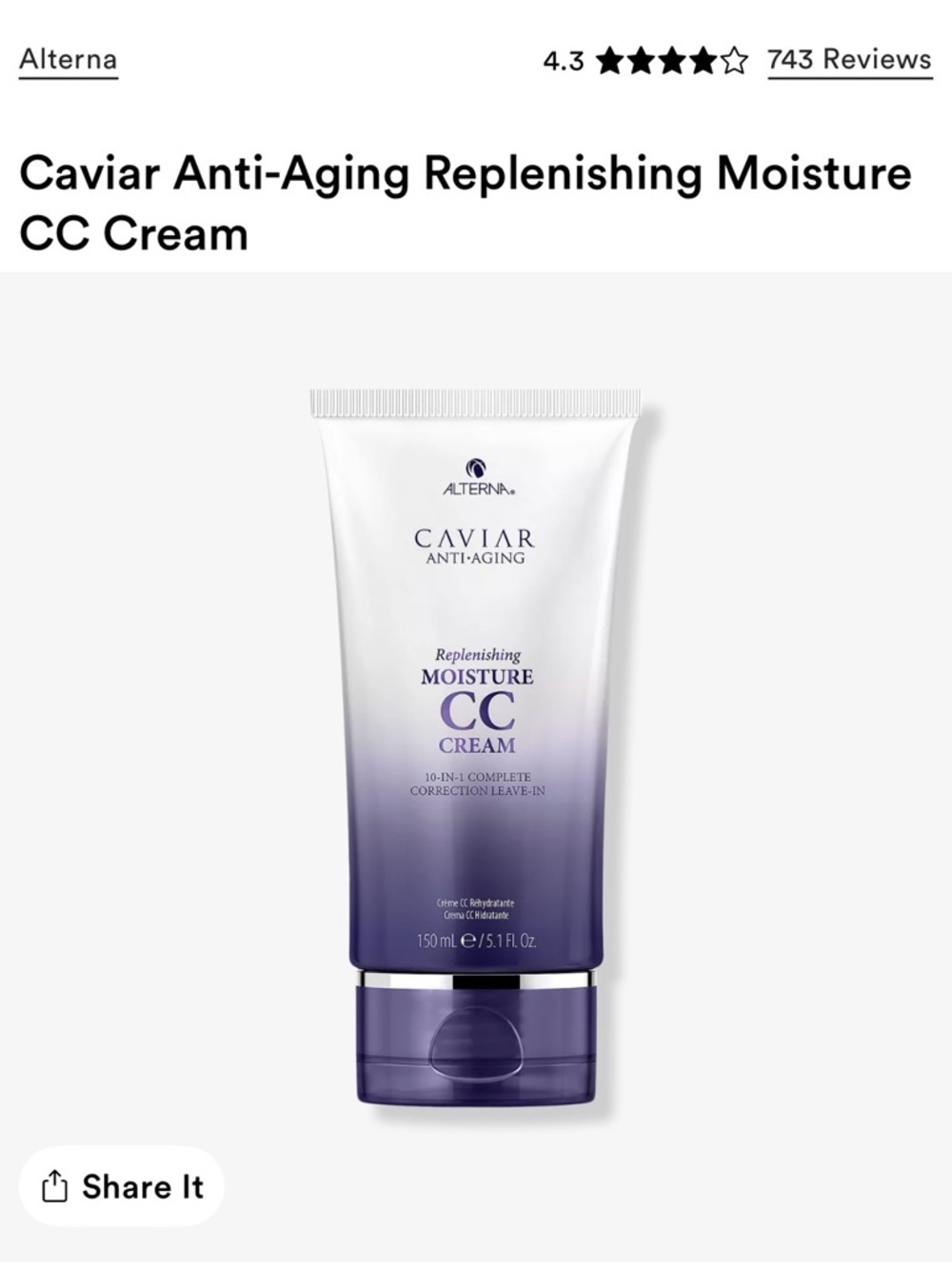 Alterna Caviar Anti-Aging Replenishing Moisture CC Cream - USED ONCE- FULL SIZE.